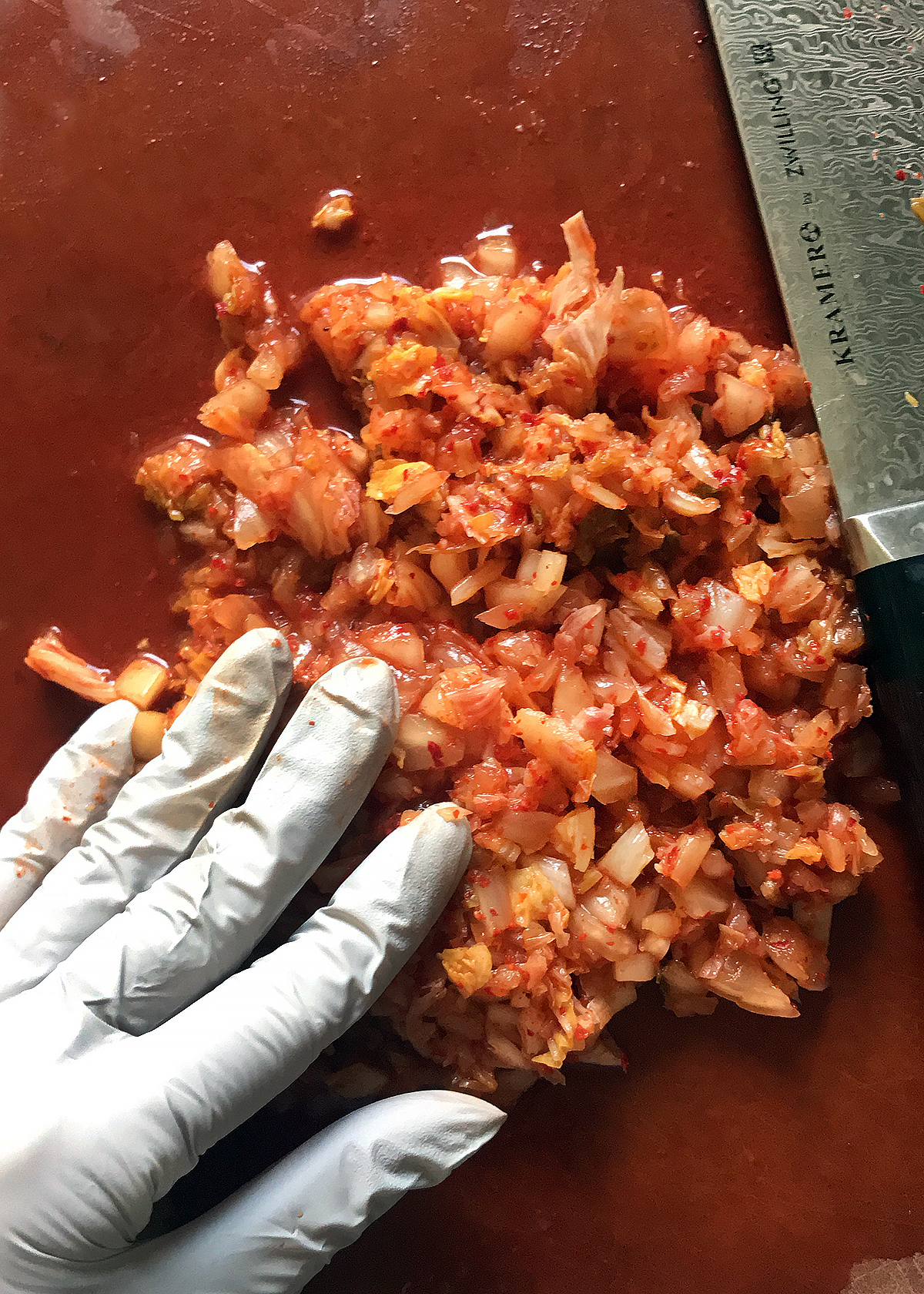 chopped kimchi on cutting board