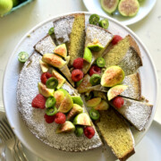 matcha olive oil cake, sliced on cake plate