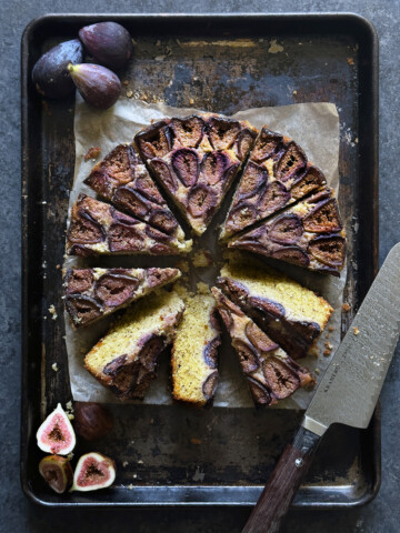 fig walnut olive oil cake, sliced on baking sheet