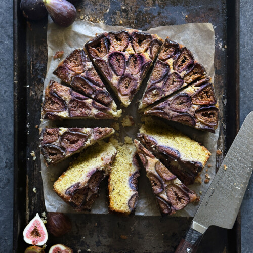 fig walnut olive oil cake, sliced on baking sheet