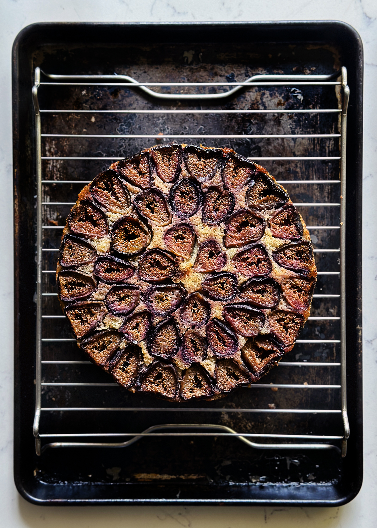 fig walnut olive oil cake, sliced on baking sheet