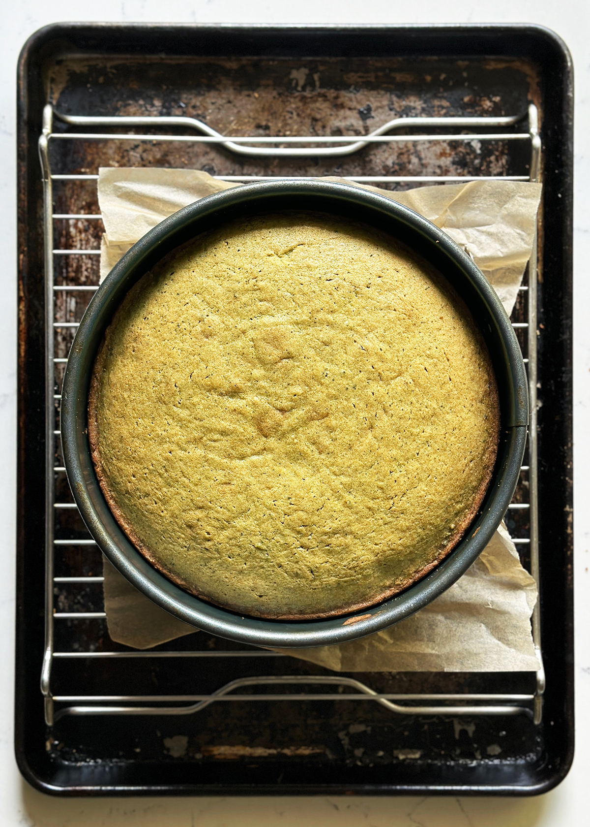 matcha olive oil cake cooling in pan