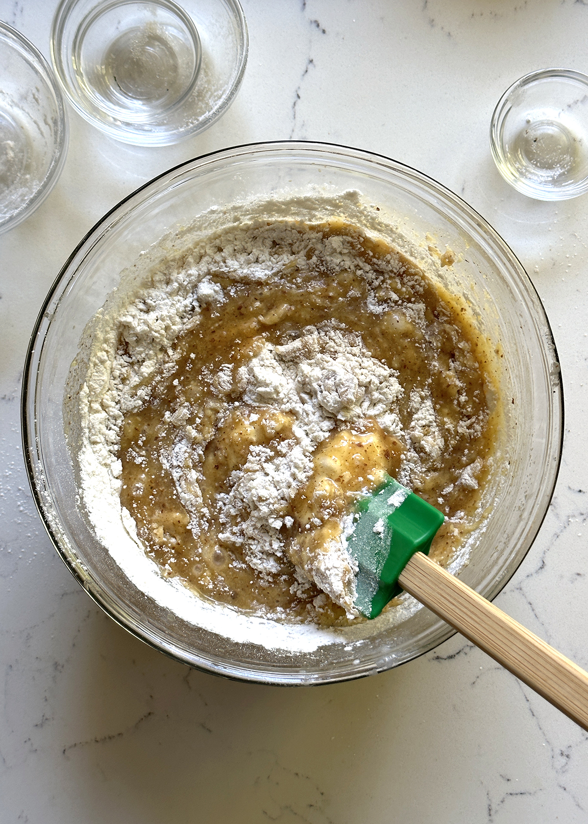 folding dry ingredients into liquid ingredients walnut olive oil cake