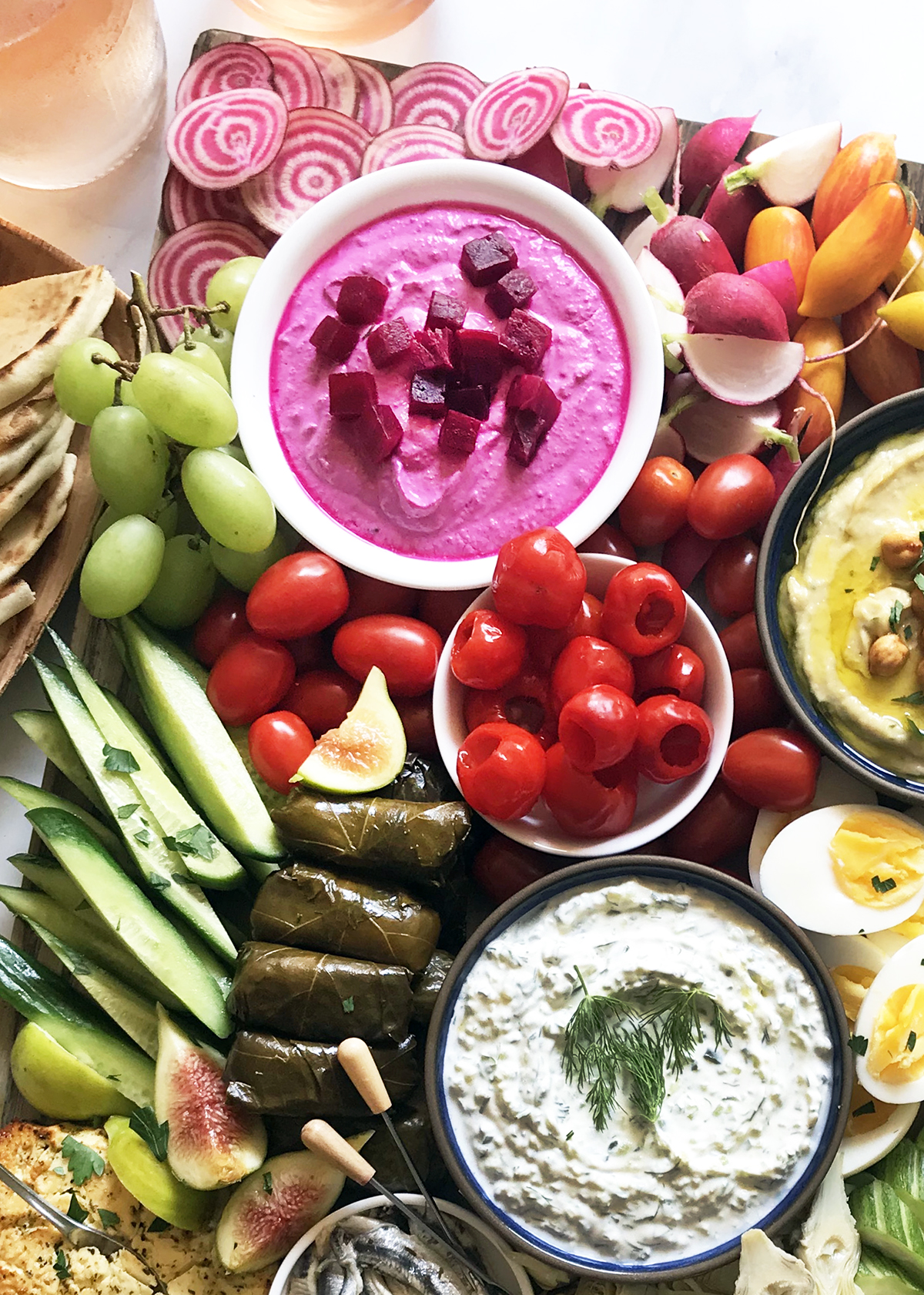 roasted beet dip with yogurt on mezze platter