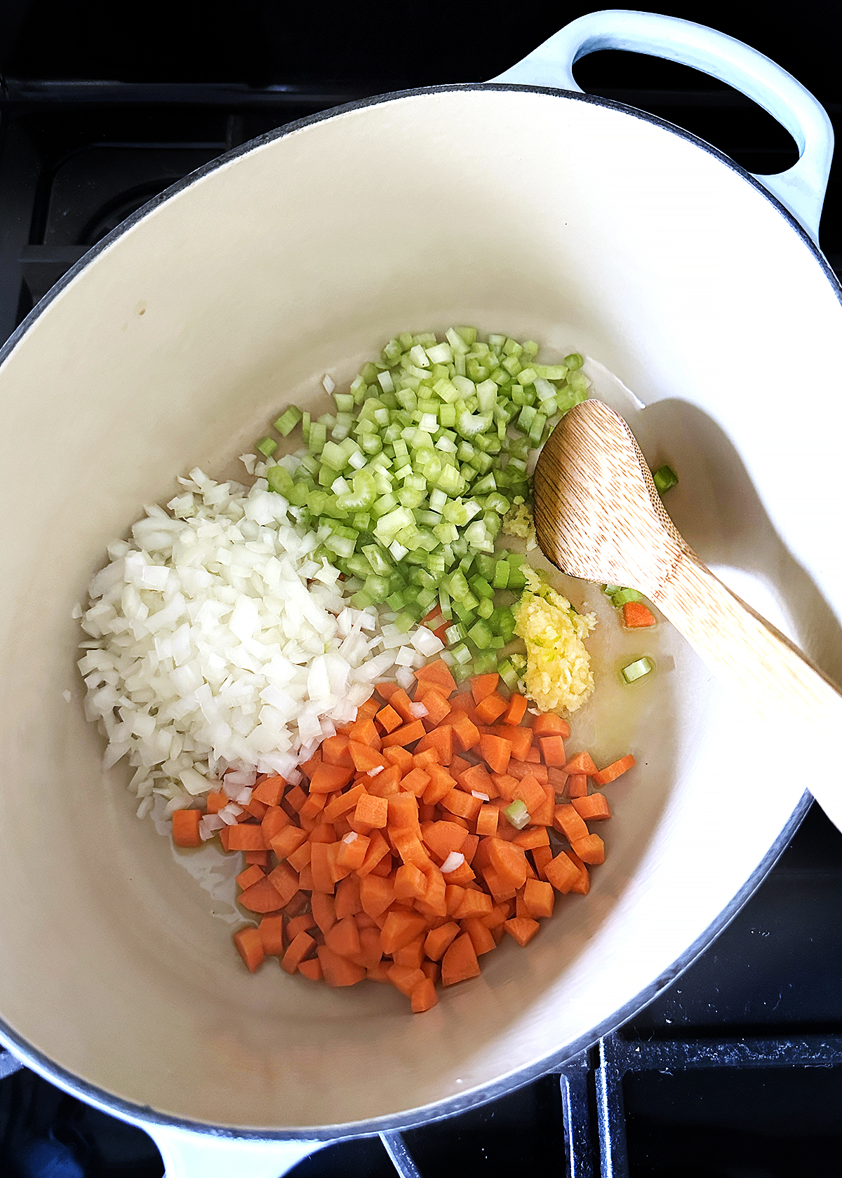 carrots celery onion and garlic in pot