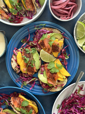 salmon tacos tostada style open