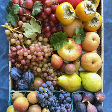 seasonal fruits and vegetables: apples, figs, grapes, pears, plums, pomegranates