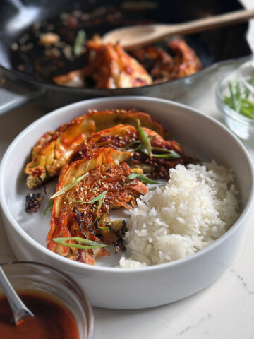roasted cabbage with gochujang glaze and rice
