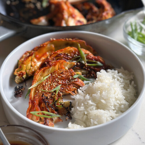 roasted cabbage with gochujang glaze and rice