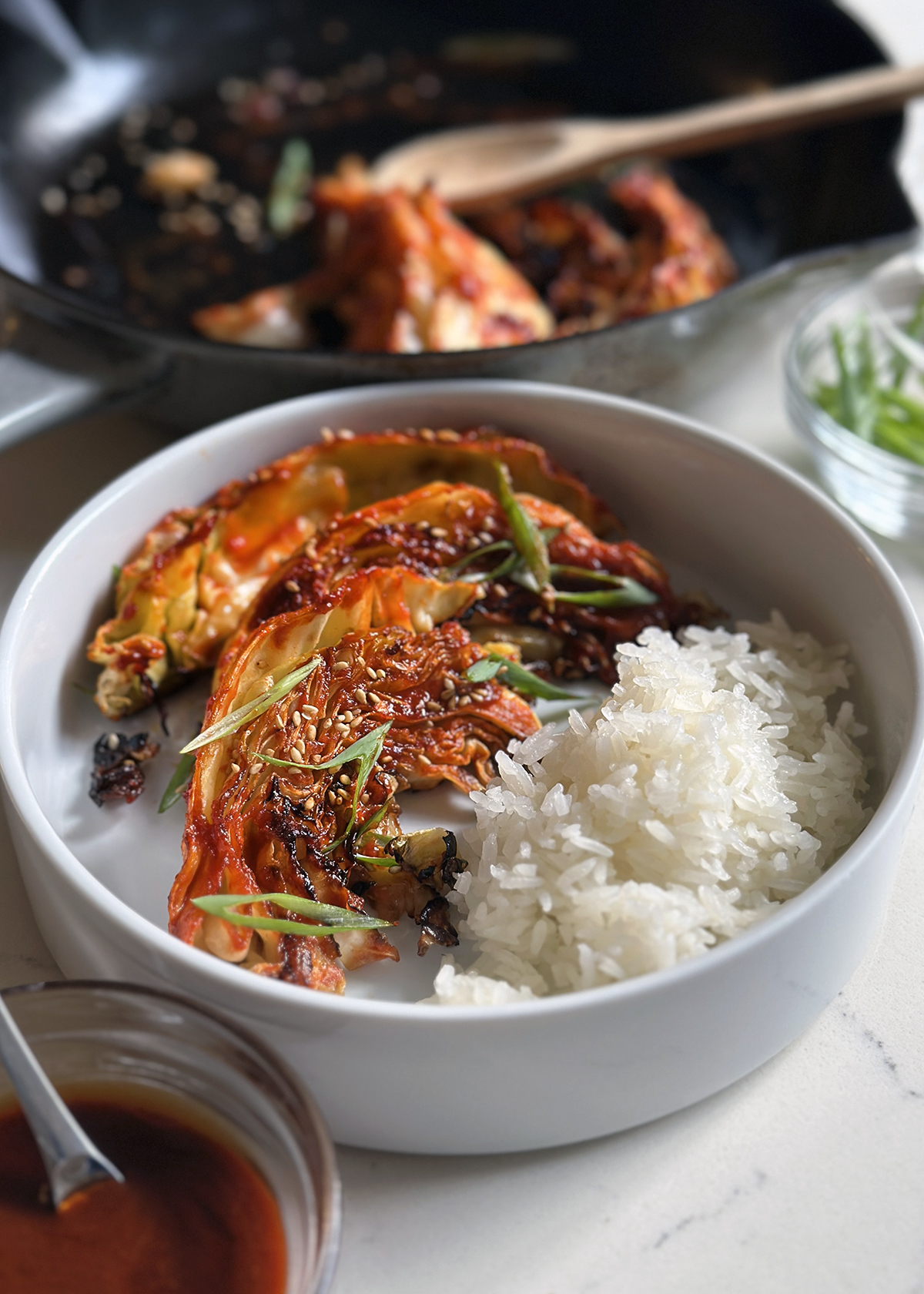 roasted cabbage with gochujang glaze and rice