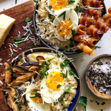 savory oatmeal carbonara style with bacon and eggs