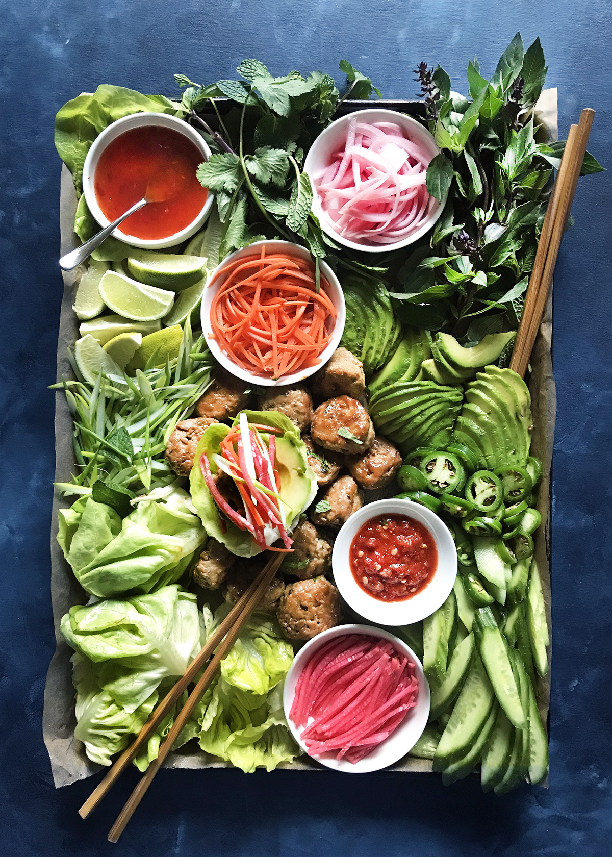 asian chicken meatballs on platter