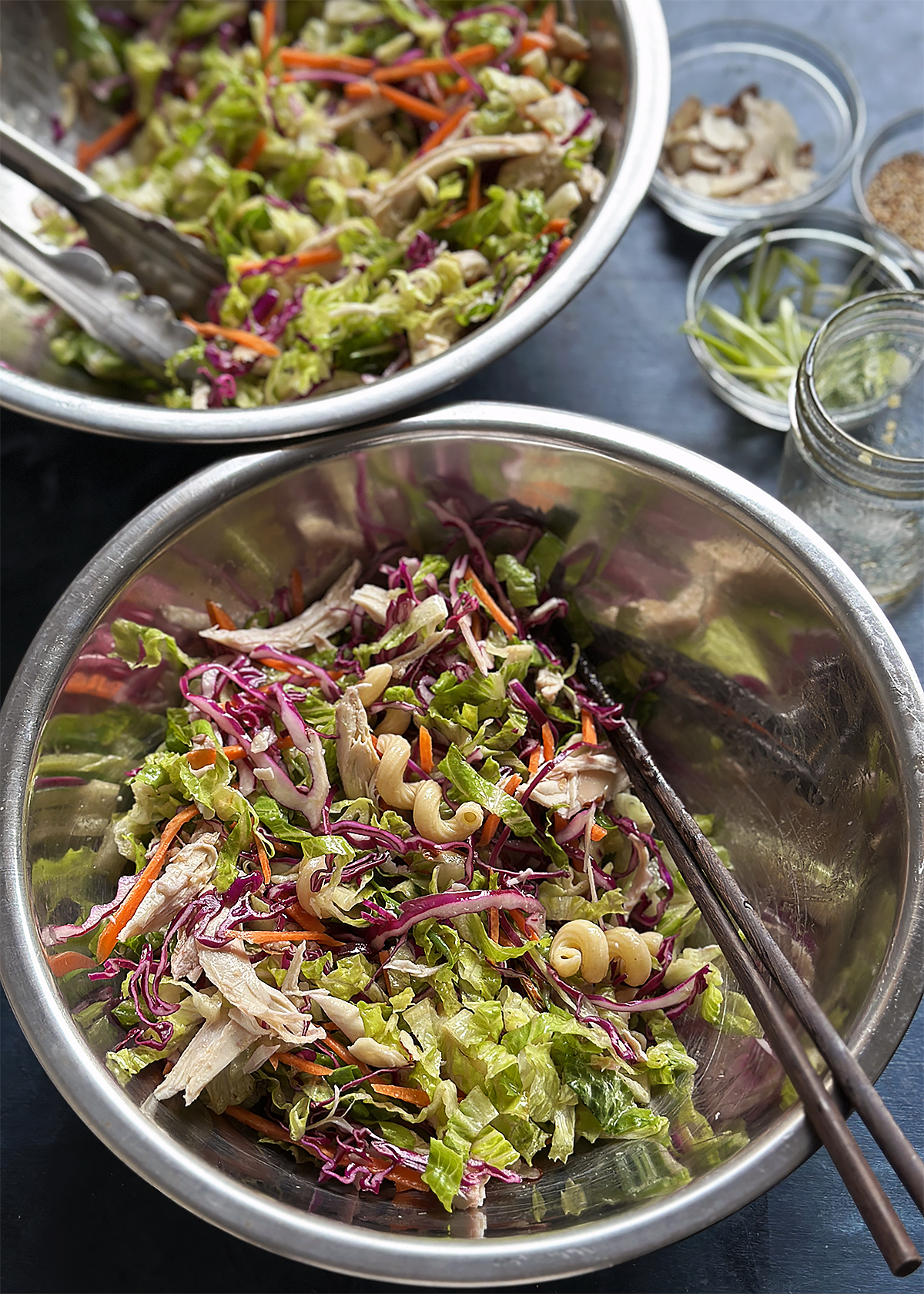 chinese chicken salad in stainless steel bowl