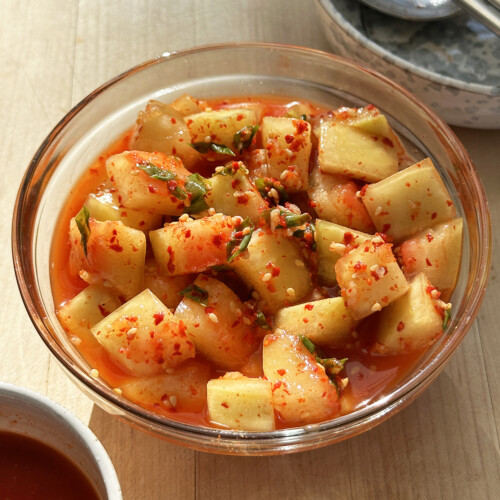 watermelon rind kimchi in serving bowl