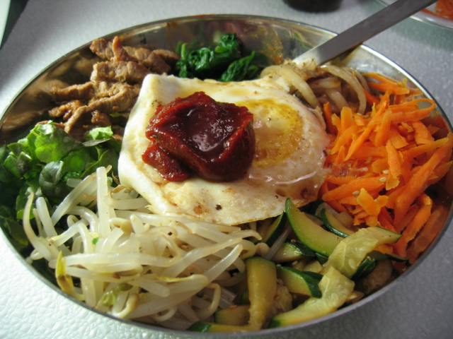 bibimbap in stainless steel bowl