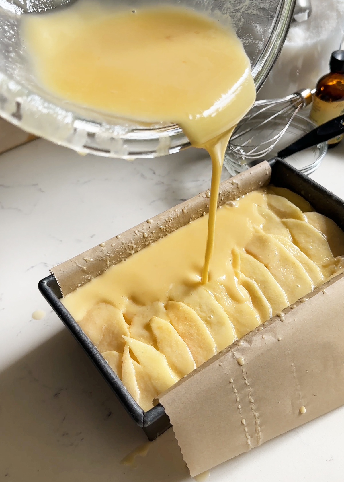 invisible apple cake, pouring batter into pan