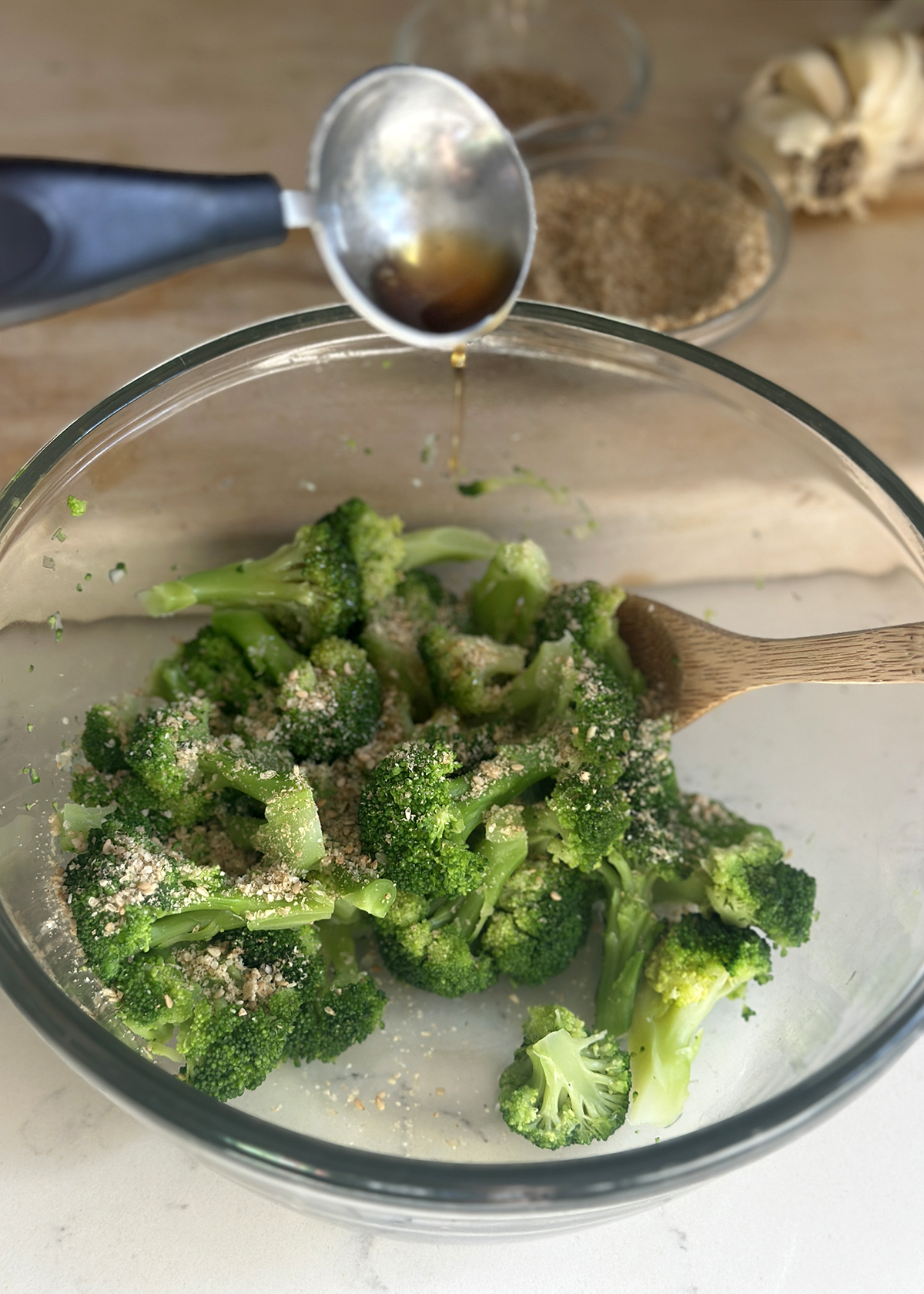 sesame oil and sesame seeds on broccoli