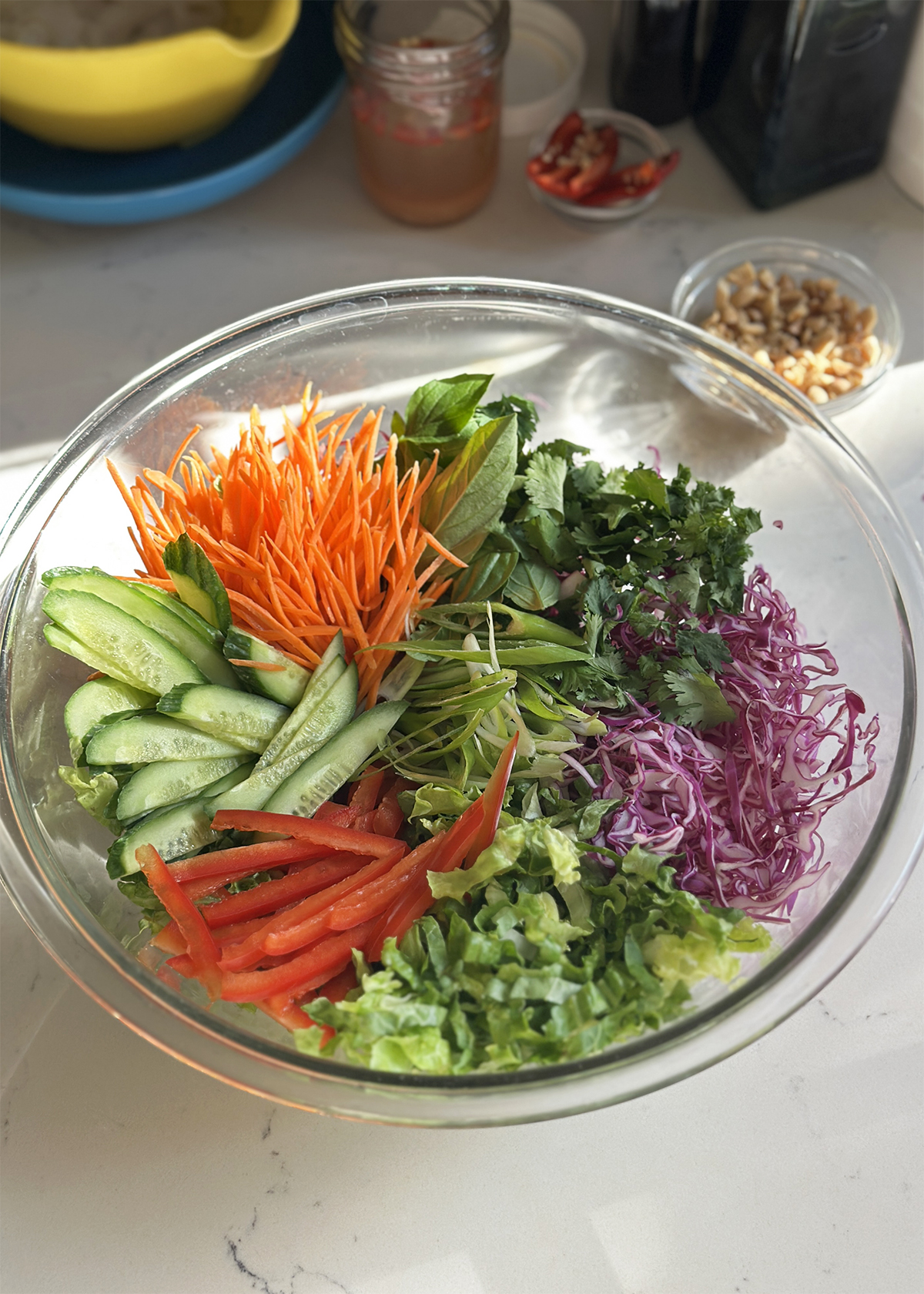 summer roll salad vegetables in mixing bowl