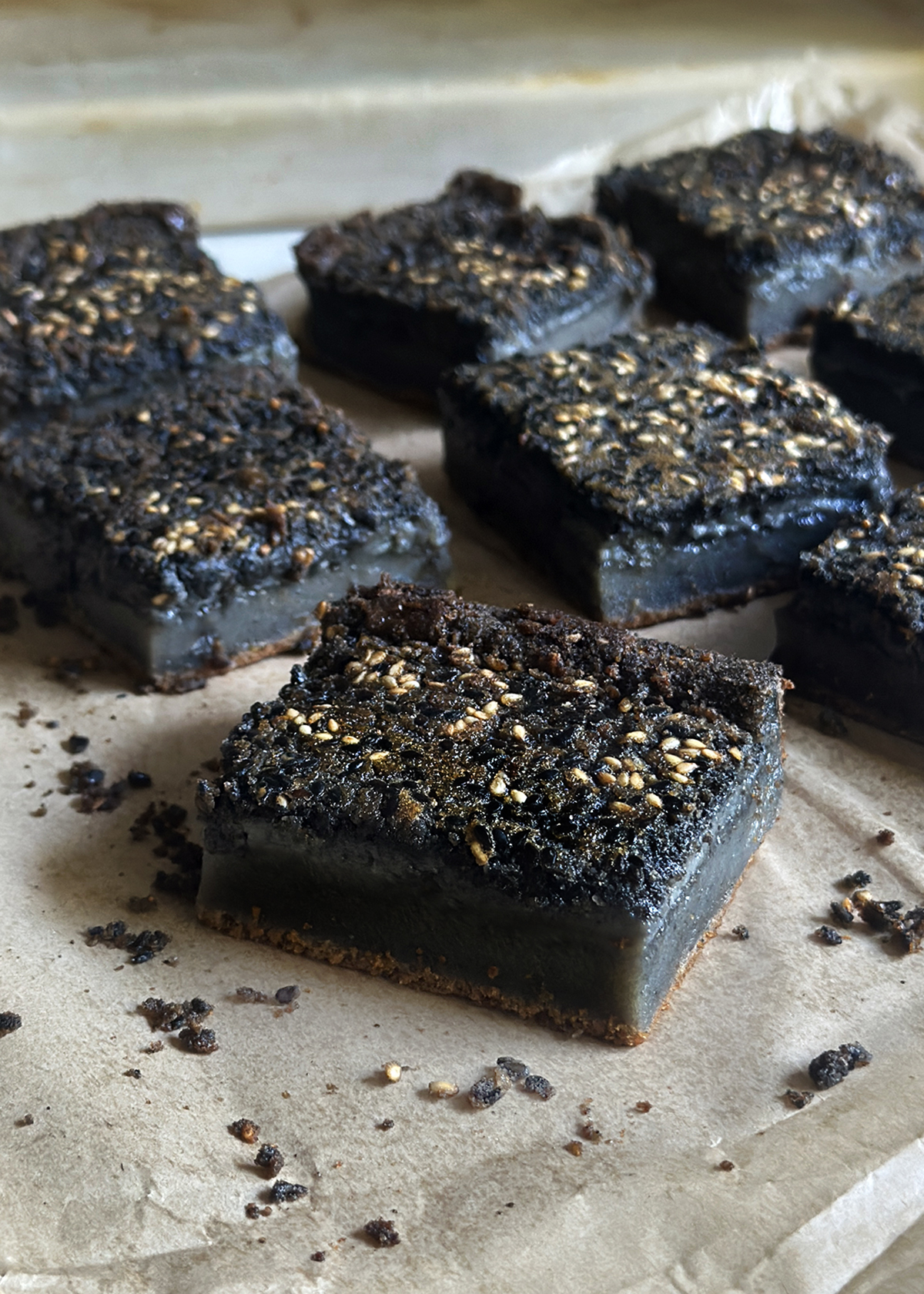 black sesame mochi cake piece