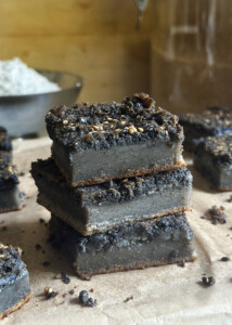 black sesame mochi cake pieces stacked