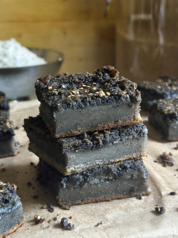 black sesame mochi cake pieces stacked