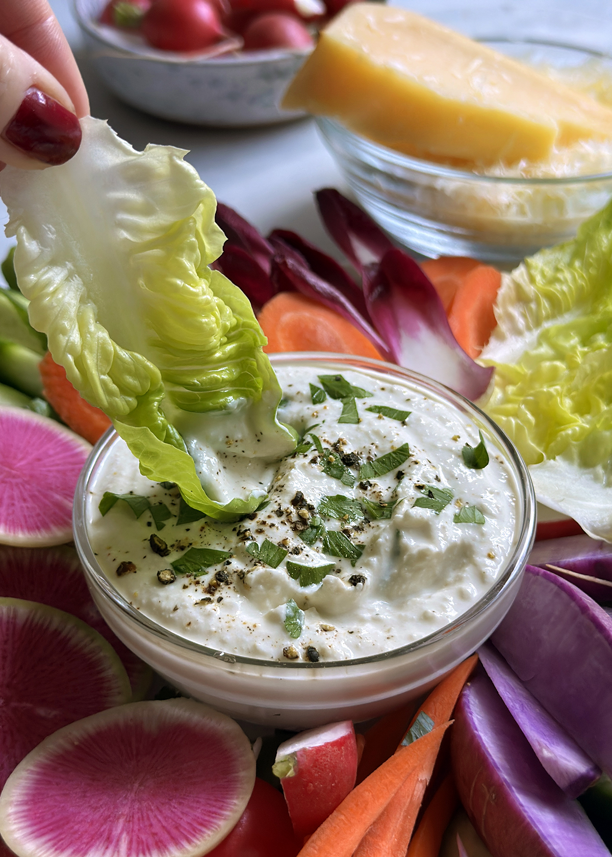 caesar salad dip with little gem lettuce