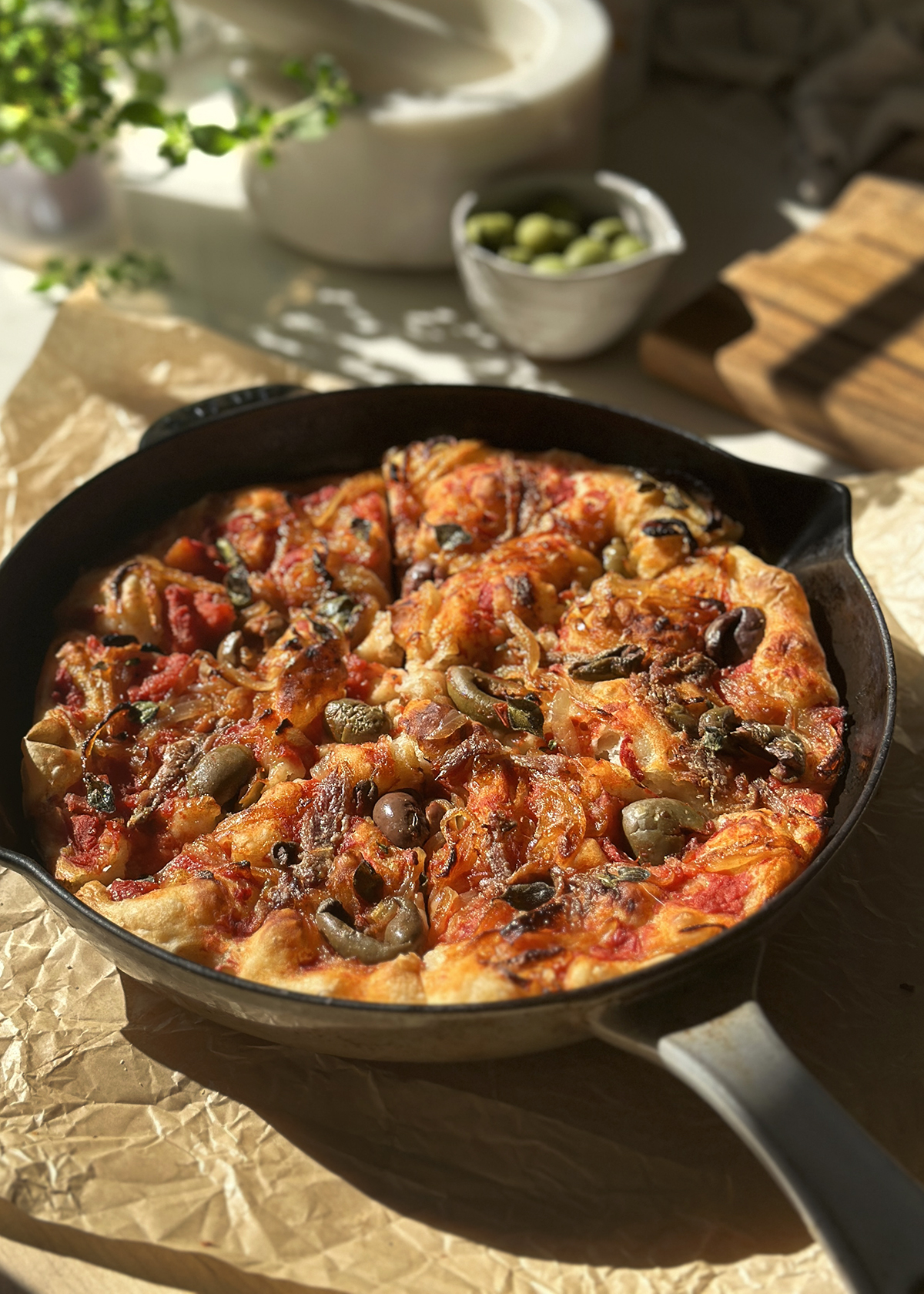 sicilian pizza on focaccia, sfincione