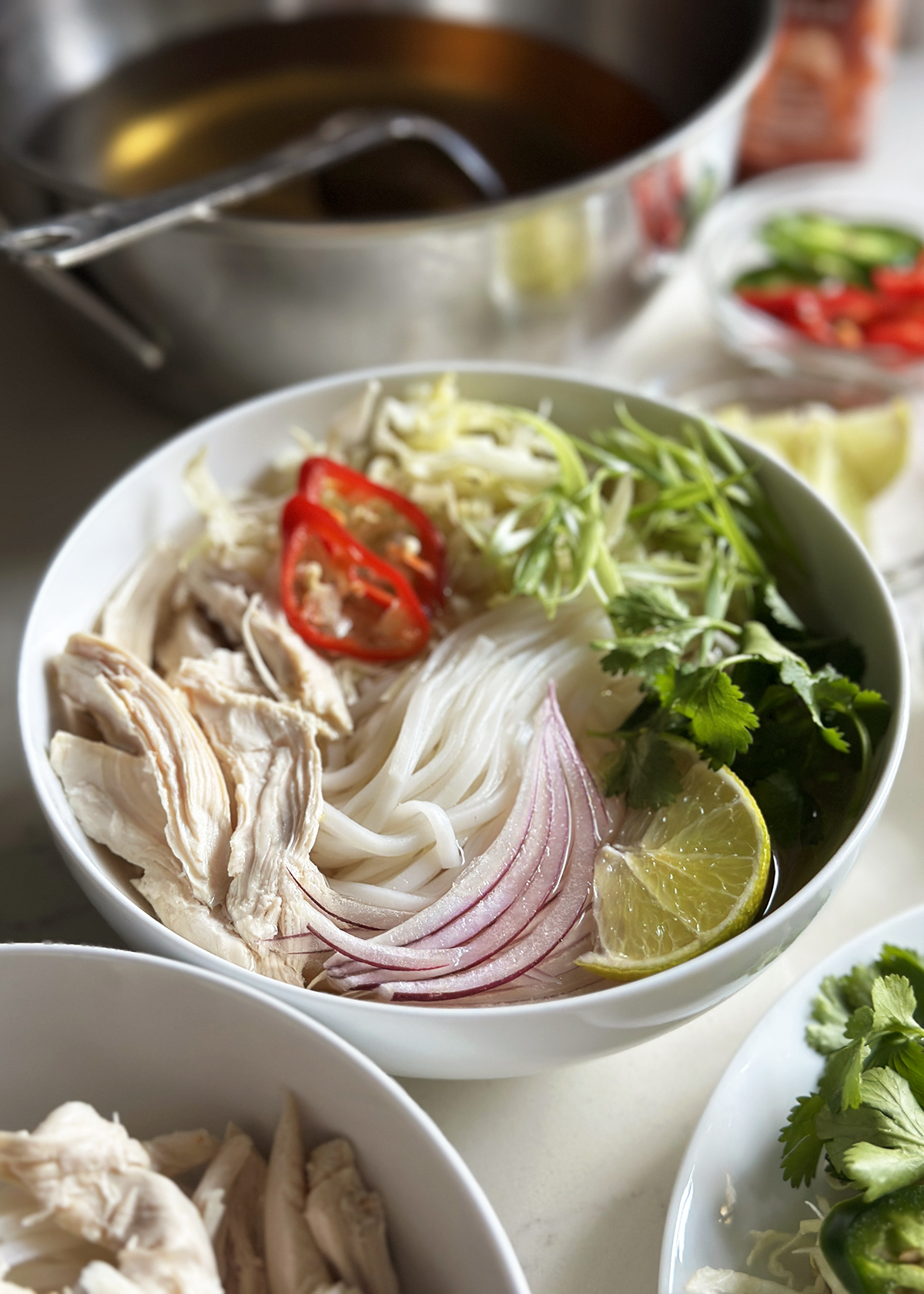 rotisserie chicken pho bowl with garnishes