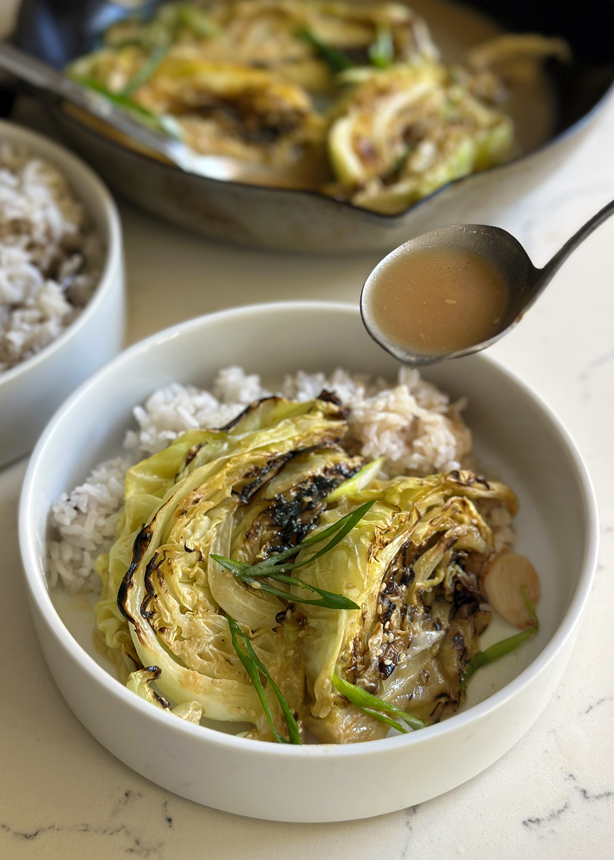 miso braised cabbage on rice