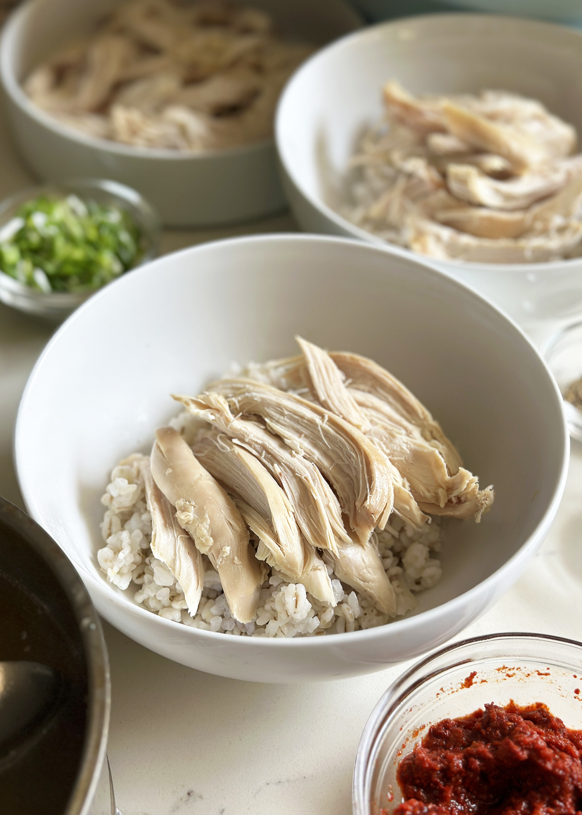 cooked chicken and rice in soup bowl