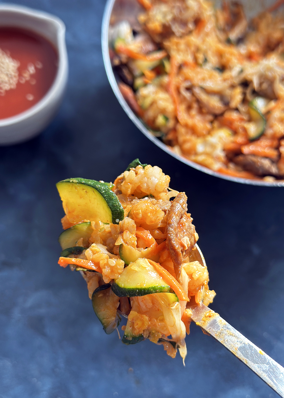 bibimbap mixed, perfect bite on spoon