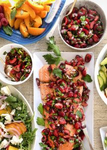 cherry salsa with salmon, clseup