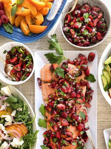 cherry salsa with salmon, clseup