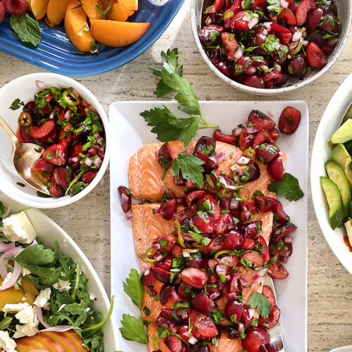 cherry salsa with salmon, clseup