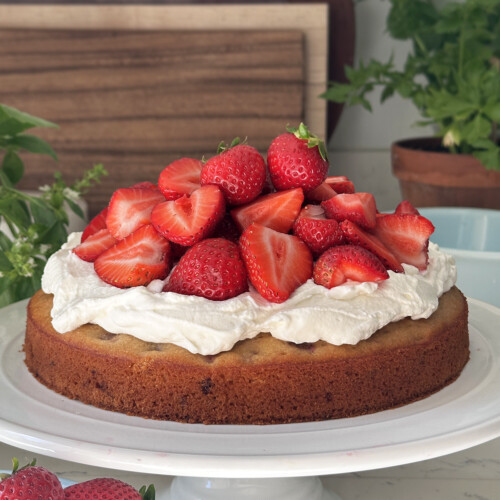 easy strawberry cake, single layer, with whipped cream and strawberries topping