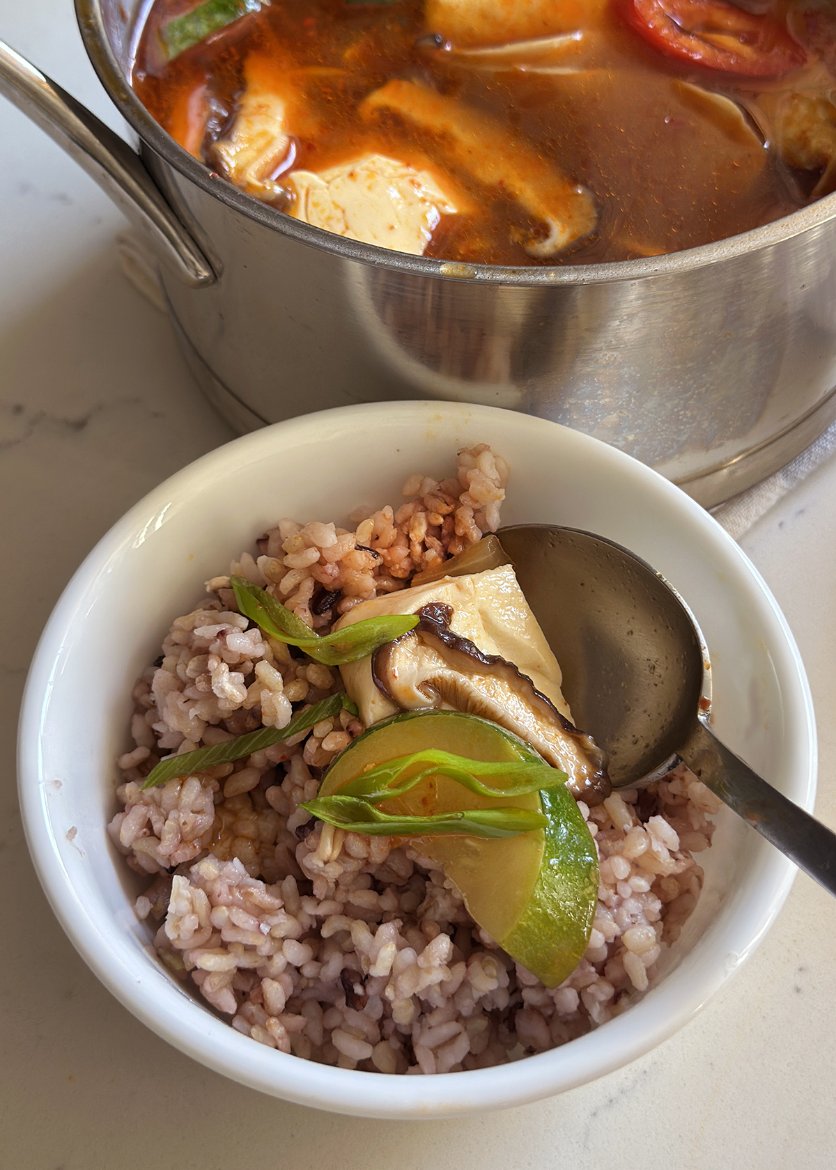 soon dooboo jjigae bite with rice