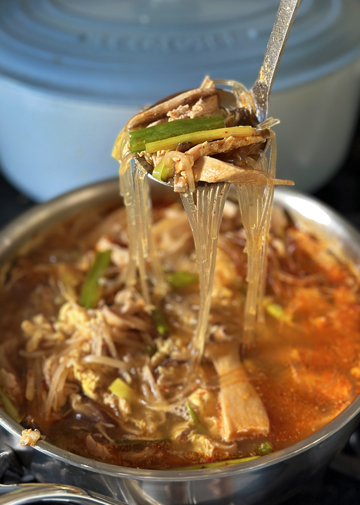 spicy korean chicken soup, dak gae jang in soup pot